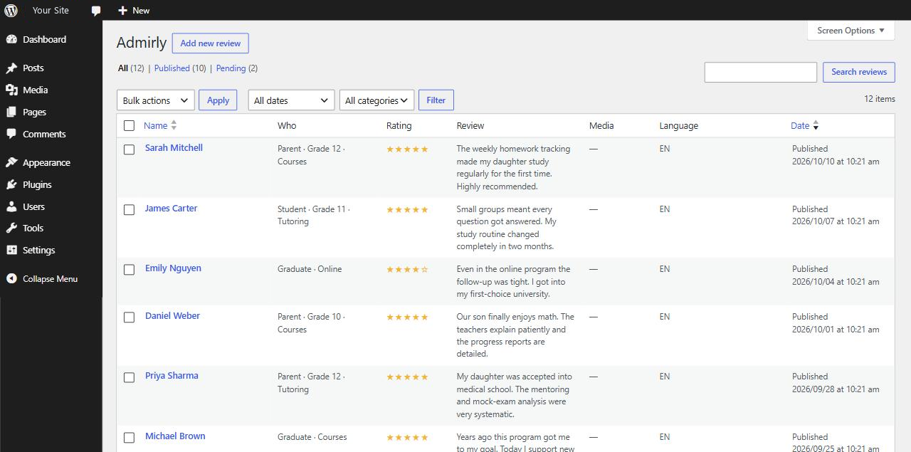 Reviews list with approve and reject actions